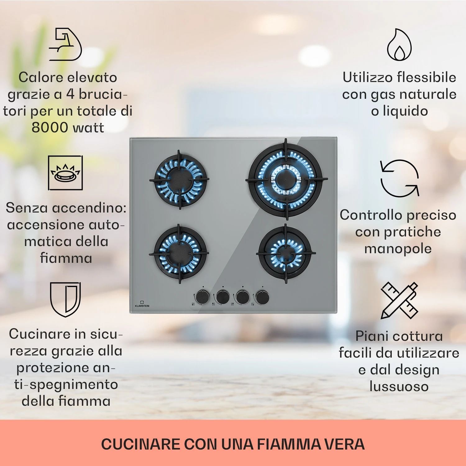 Firetale - Piano Cottura A Gas, 4 Fuochi 4 Firetale - Piano Cottura A Gas, 4 Fuochi - immagine 2